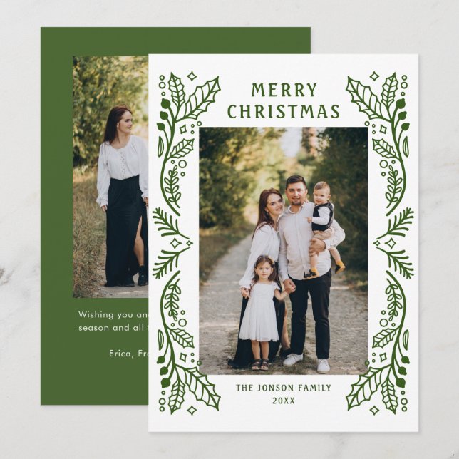 Funky Hand Drawn Whimsical Retro Christmas 2 Photo Holiday Card (Front/Back)