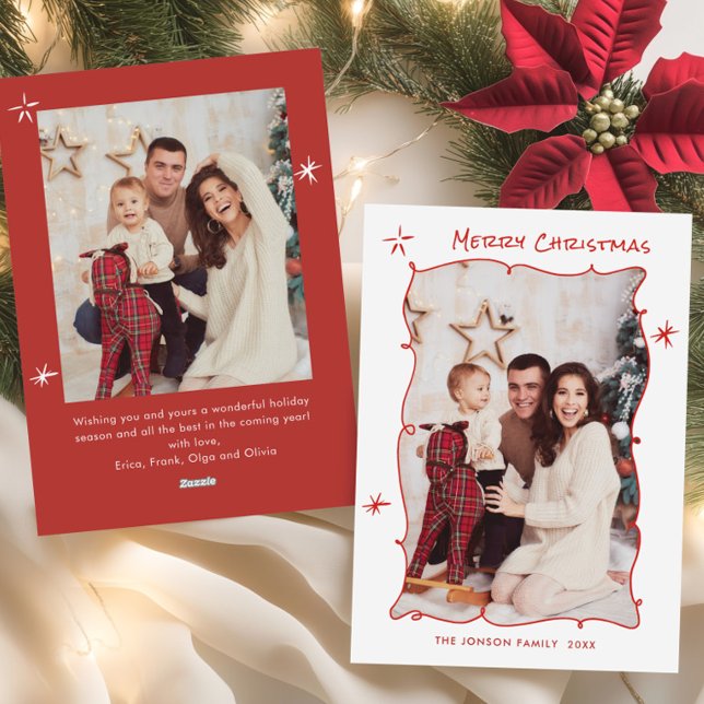 Funky Hand Drawn Whimsical Retro Christmas 2 Photo Holiday Card (Creator Uploaded)