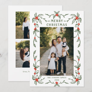 Funky Hand Drawn Whimsical Retro Christmas 3 Photo Holiday Card