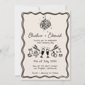 Funky Handwritten Wavy Border Disco Wedding Invitation