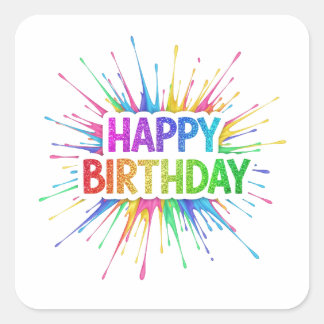 Funky Happy Birthday Rainbow Glitter Square Sticker