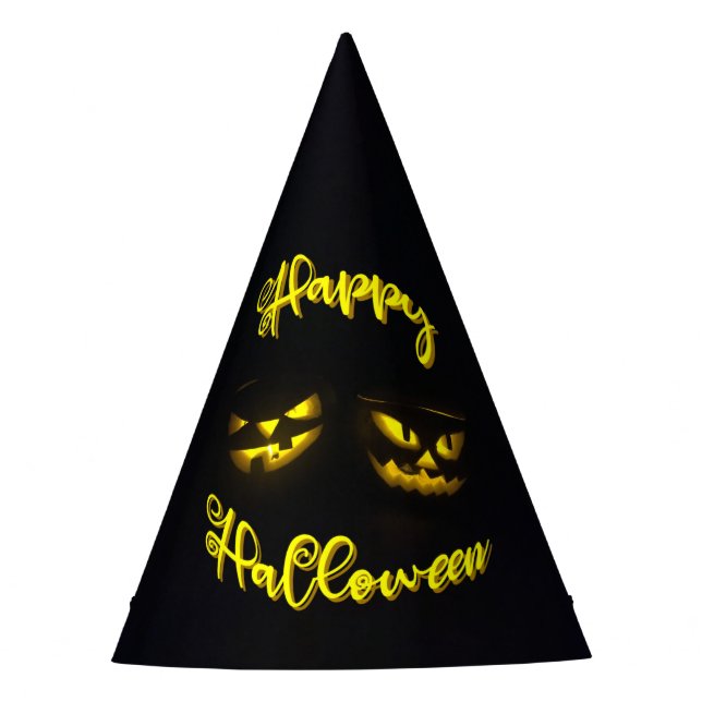 Funky Happy Halloween text with eerie pumpkin face Party Hat (Front)