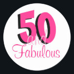Funky Hot Pink 50 and Fabulous Birthday Classic Round Sticker<br><div class="desc">A colourful fun design for your 50th birthday party celebrations! 50 and Fabulous is in hot pink and black in trendy typography which you can personalise if required, and also change the colours if you so wish via the click to customize further option. Other sticker shapes are available too. The...</div>