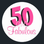Funky Hot Pink 50 and Fabulous Birthday Classic Round Sticker<br><div class="desc">A colourful fun design for your 50th birthday party celebrations! 50 and Fabulous is in hot pink and black in trendy typography which you can personalise if required, and also change the colours if you so wish via the click to customize further option. Other sticker shapes are available too. The...</div>