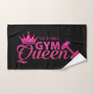 Funky hot pink personalised faux glitter Gym Queen Hand Towel