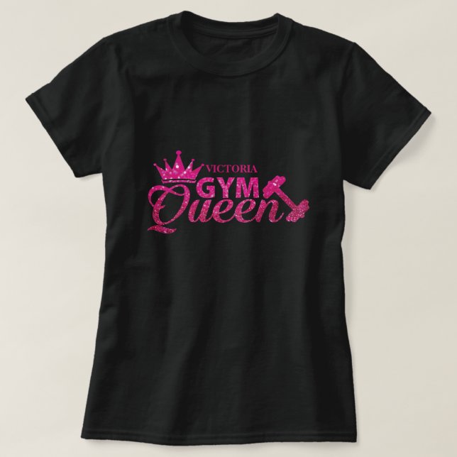 Funky hot pink personalized faux glitter Gym Queen T-Shirt (Design Front)