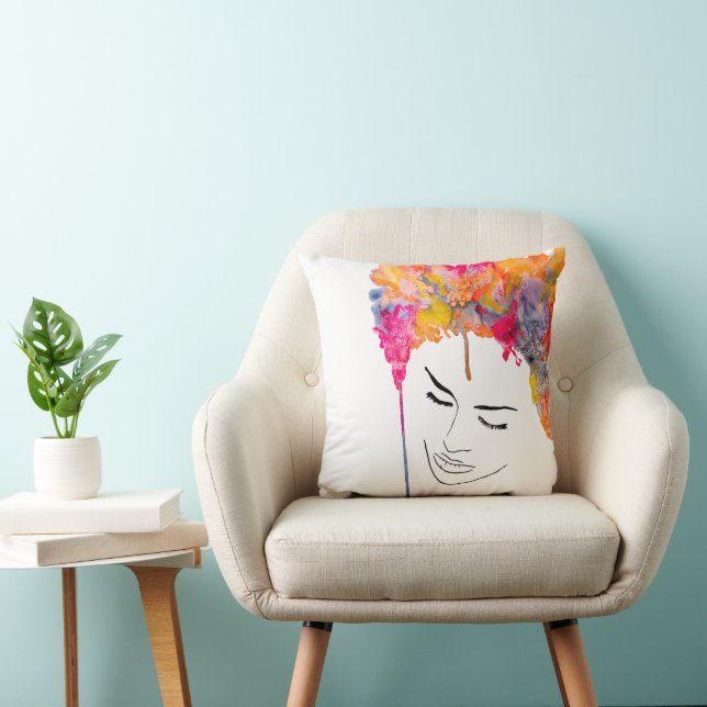 Funky lady psychedelic crazy hair throw pillow (Chair)
