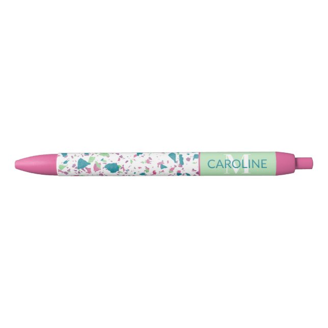 Funky Light Teal Blue Green Pink Violet Terrazzo Black Ink Pen (Front)