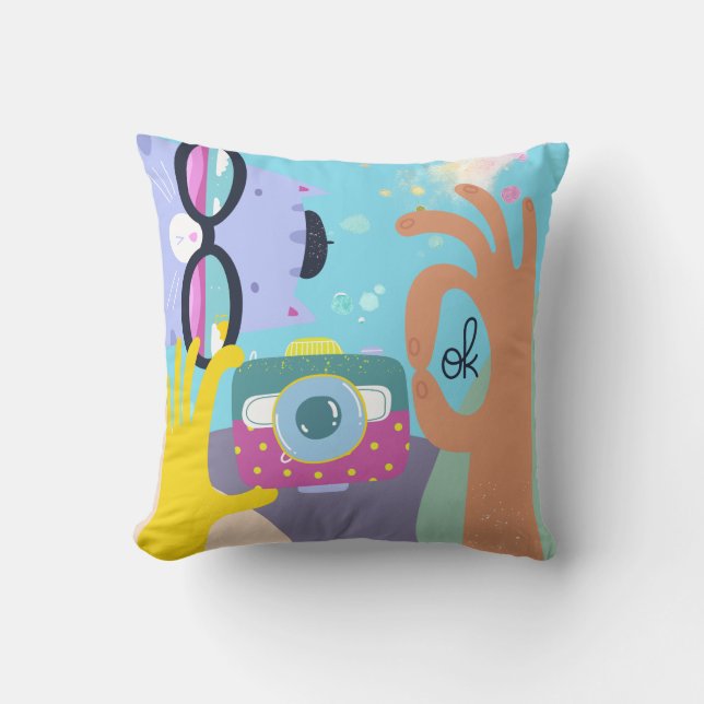 Funky Lilac Cartoon Cat Shades Camera Hand Blue Throw Pillow (Front)