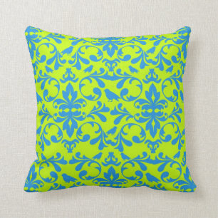 funky lime green bright blue bird damask pattern throw pillow