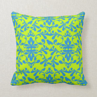 funky lime green bright blue bird damask pattern throw pillow