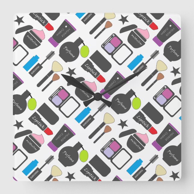 Funky Makeup Cosmetics Collage Pattern Square Wall Clock (Front)