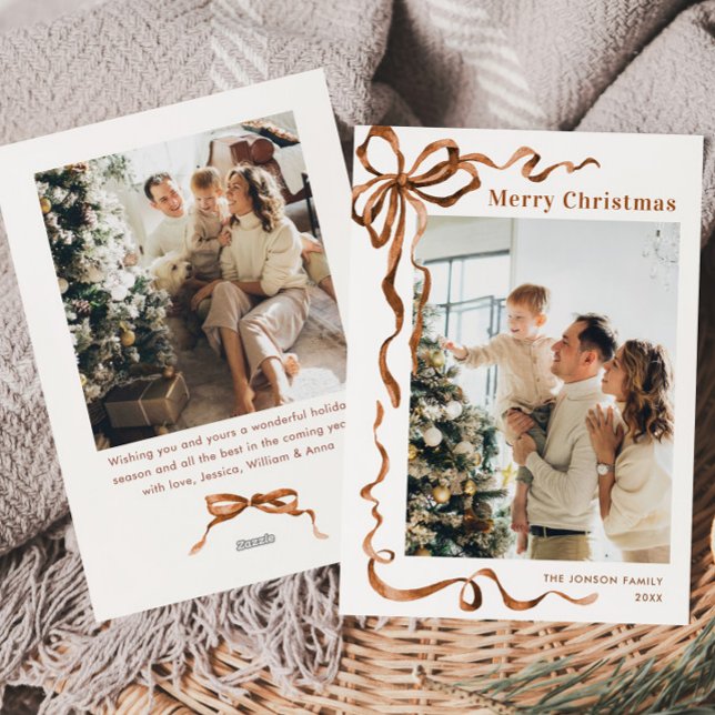 Funky Merry Christmas Boho Bow Ribbon 2 Photo Holiday Card (Creator Uploaded)