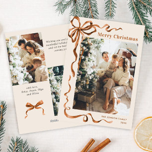 Funky Merry Christmas Boho Bow Ribbon 3 Photo Holiday Card