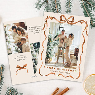 Funky Merry Christmas Boho Bow Ribbon 3 Photo Holiday Card