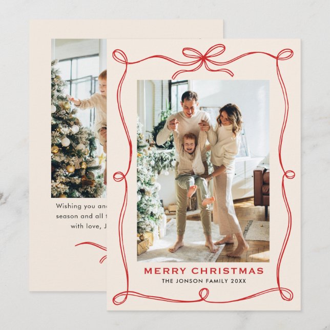Funky Merry Christmas Boho Red Bow Ribbon 2 Photo Holiday Card (Front/Back)