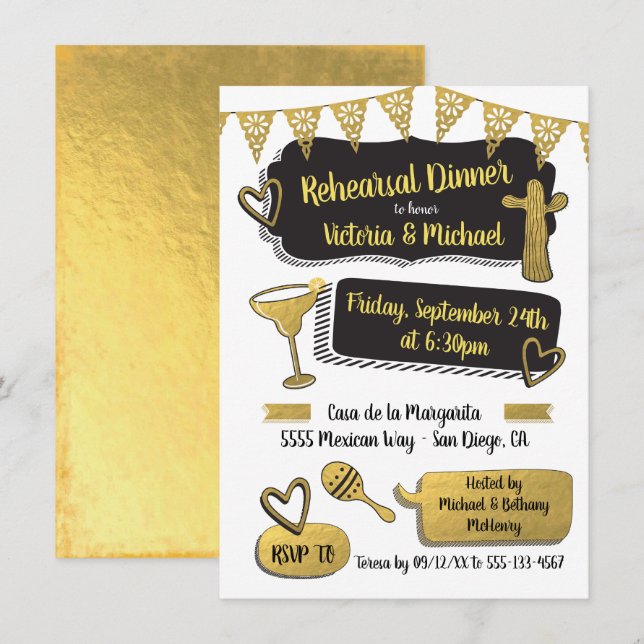 Funky Mexican Fiesta Gold Foil Rehearsal Dinner Invitation (Front/Back)