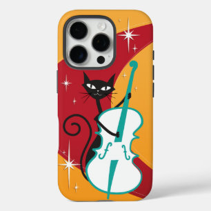 Funky Mid Century Modern Cat Playing stand up bass iPhone 16 Pro Case