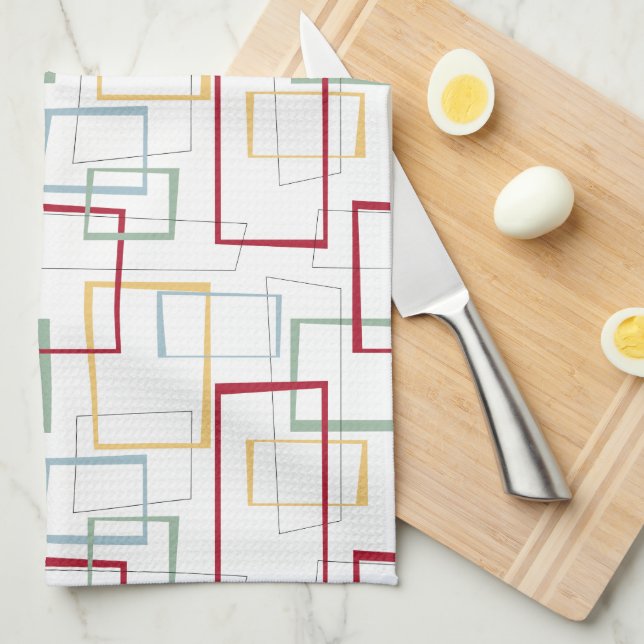 Funky Mid Century Red Blue Green Yellow Squares Kitchen Towel (Quarter Fold)