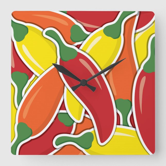 Funky mixed chilli peppers square wall clock (Front)