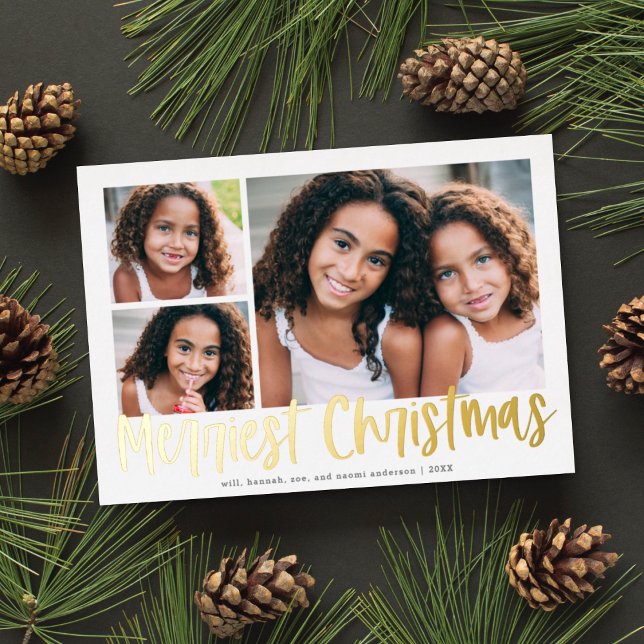 Funky Modern Merriest Christmas Script 3 Photo Foil Holiday Card (Creator Uploaded)