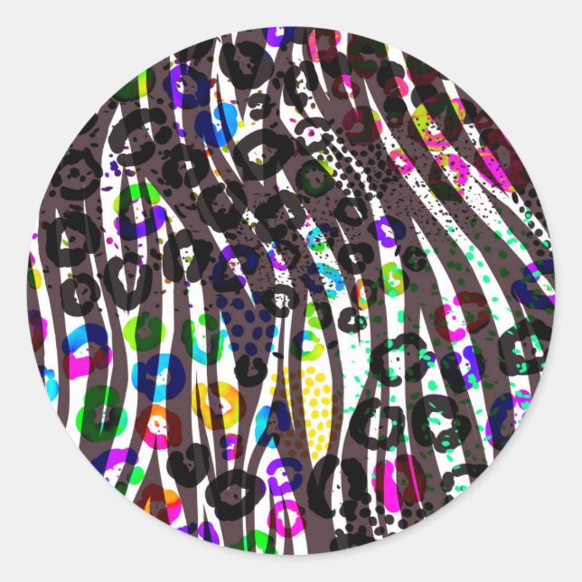 Funky Multi Animal Print Pattern Bright Colours Classic Round Sticker (Front)