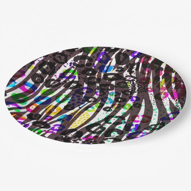 Funky Multi Animal Print Pattern Bright Colours Paper Plate (Angled)