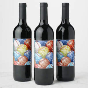 Funky Multi Coloured Baseballs Wine Label