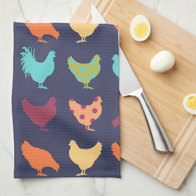 Funky Multi-coloured Chicken Pattern Kitchen Towel (Quarter Fold)