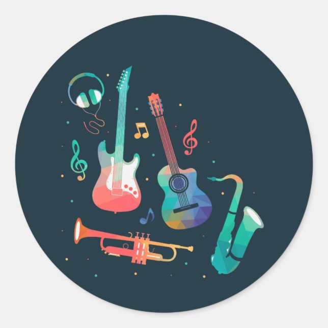 Funky Music colourful musical instruments Classic Round Sticker (Front)