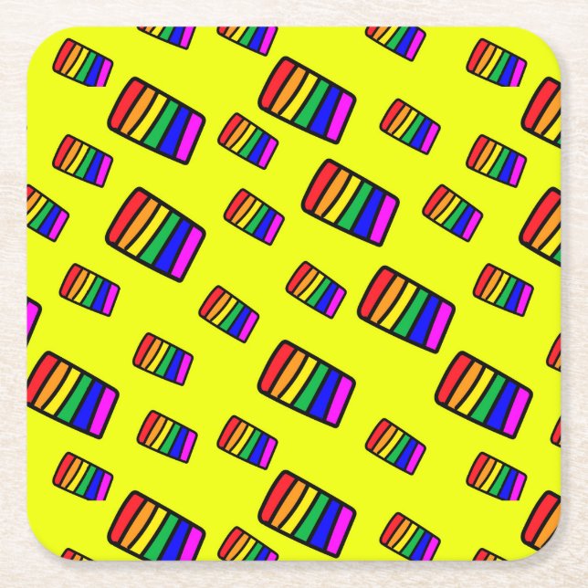 Funky Neon Rainbow Block Pattern Square Paper Coaster (Front)