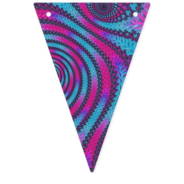 Funky Neon Vibrant Magenta and Cyan Spiral Fractal Bunting Flags (First Flag)