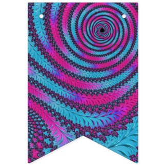 Funky Neon Vibrant Magenta and Cyan Spiral Fractal Bunting Flags