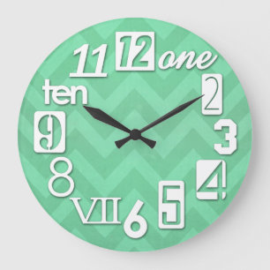 Funky Numbra Mint Green Chevron Large Clock