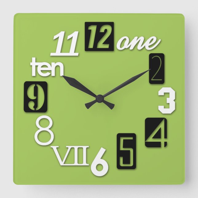 Funky Numbra Square Lime Green Wall Clocks (Front)