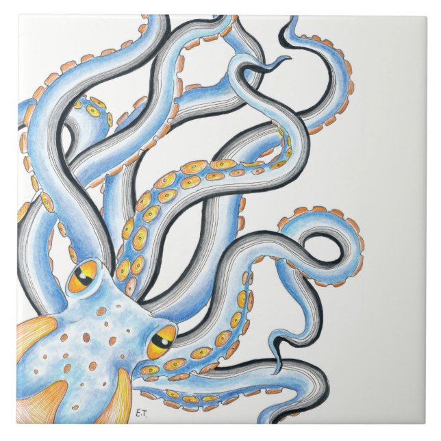 Funky Octopus Ink Blue Orange Tile (Front)
