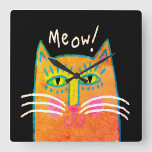 Funky Orange Cat Abstract Art Square Wall Clock