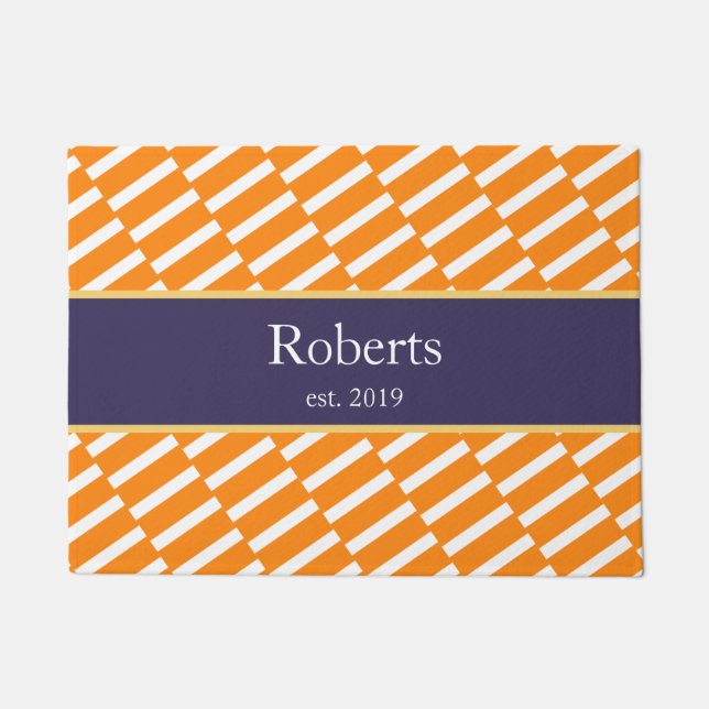 Funky Orange Pattern Family Name and Year Modern Doormat (Front)