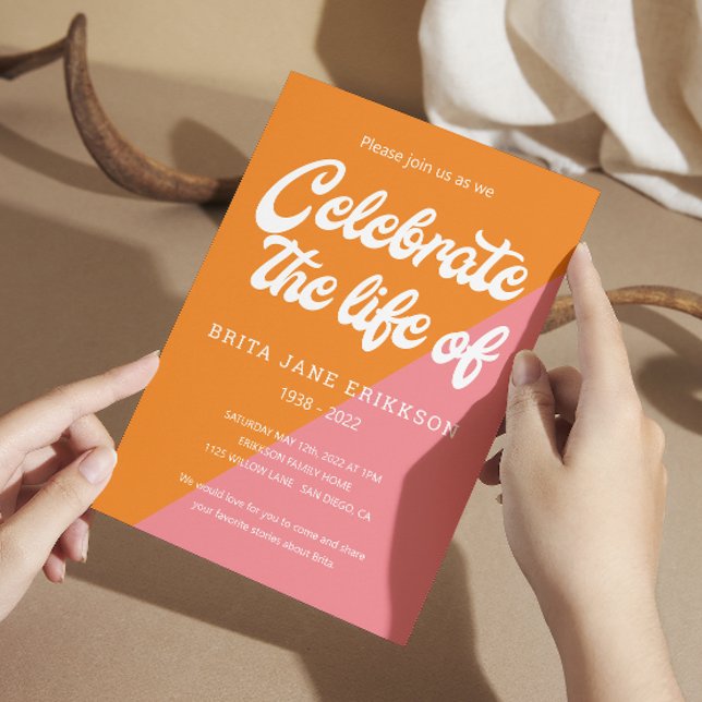 Funky Orange Pink Retro Celebration of Life Invitation (Creator Uploaded)