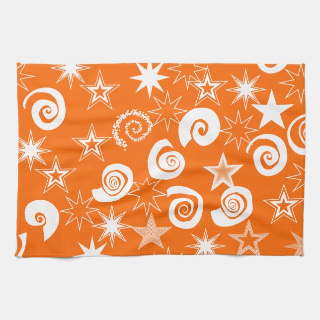 Funky Orange Stars and Swirls Fun Pattern Gifts Kitchen Towel (Horizontal)
