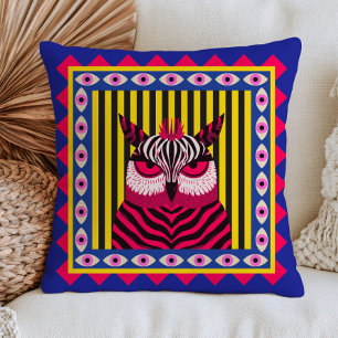 Funky Owl in Zebra Pattern Yellow Stripes Blue  Throw Pillow