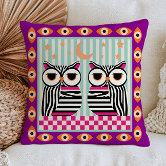 Funky Owls in Zebra Pattern Evil Eyes Eclectic Throw Pillow