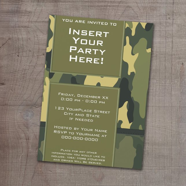 Funky Party - Dark Green Military Camouflage Invitation (Camouflage Birthday Party, Military graduation or cocktail party invitation.)