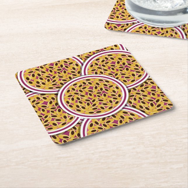Funky passion fruit square paper coaster (Angled)