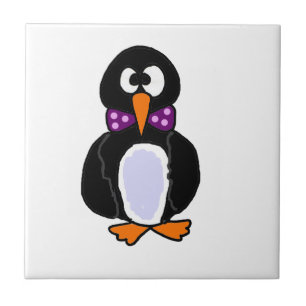 Funky Penguin Wearing Purple Bow Tie Cartoon Tile