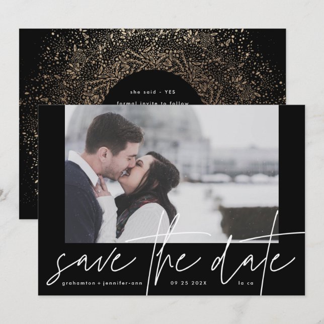 Funky Photo Frame Casual Onyx Black Elegant Modern Save The Date (Front/Back)