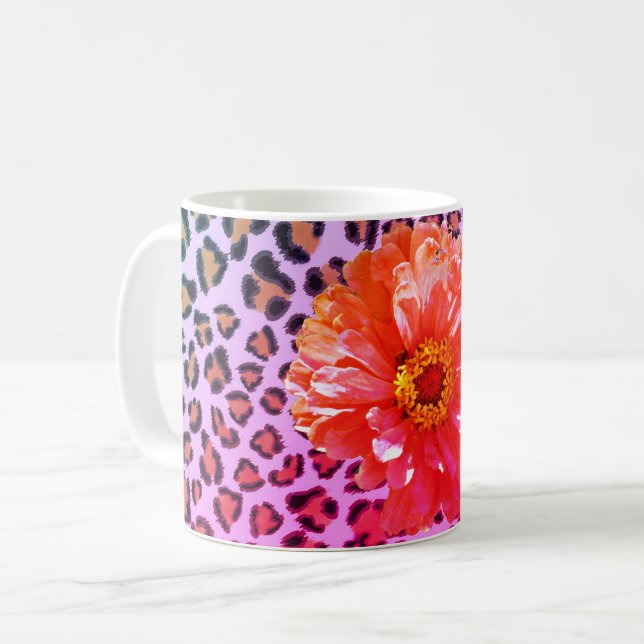 Funky pink and orange floral with leopard pattern  coffee mug (Front Left)