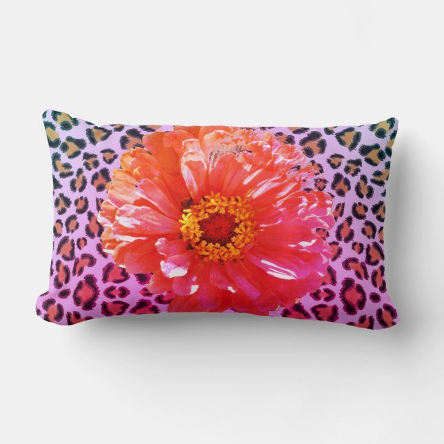 Funky pink and orange floral with leopard pattern  lumbar pillow (Front)