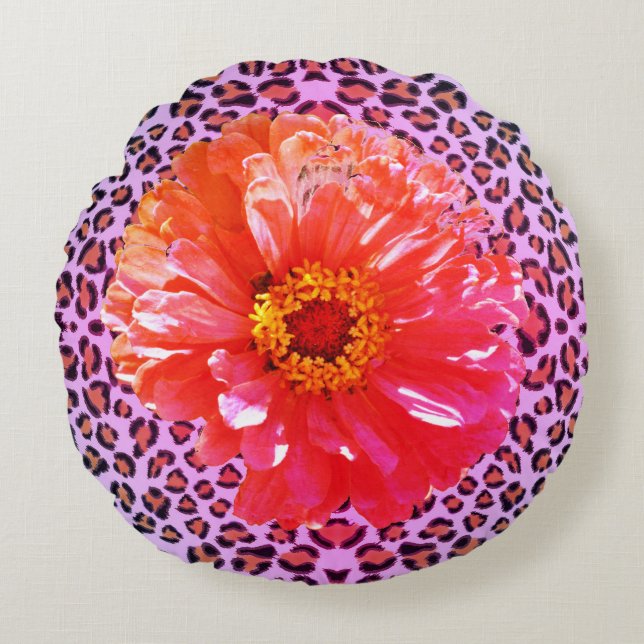 Funky pink and orange floral with leopard pattern  round pillow (Front)