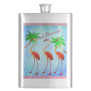 Funky Pink Flamingos Palm Trees Blue Sky Hip Flask